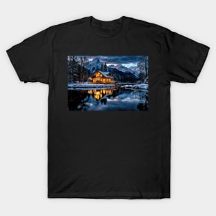 Mountain Cabin on a Lake in Winter - Landscape T-Shirt